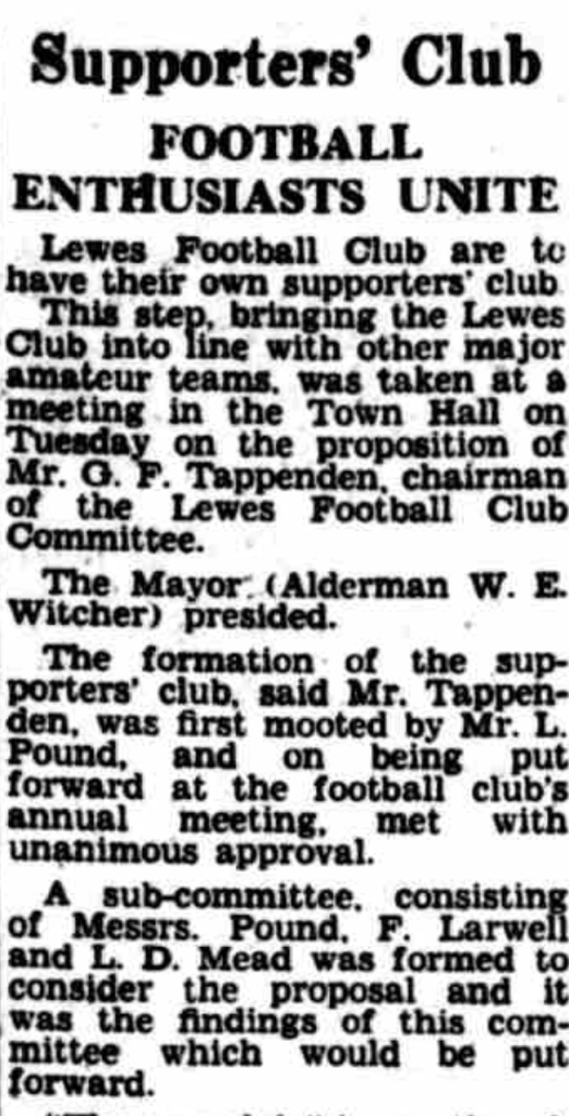 Sussex Express report on foundation of Supporters Club